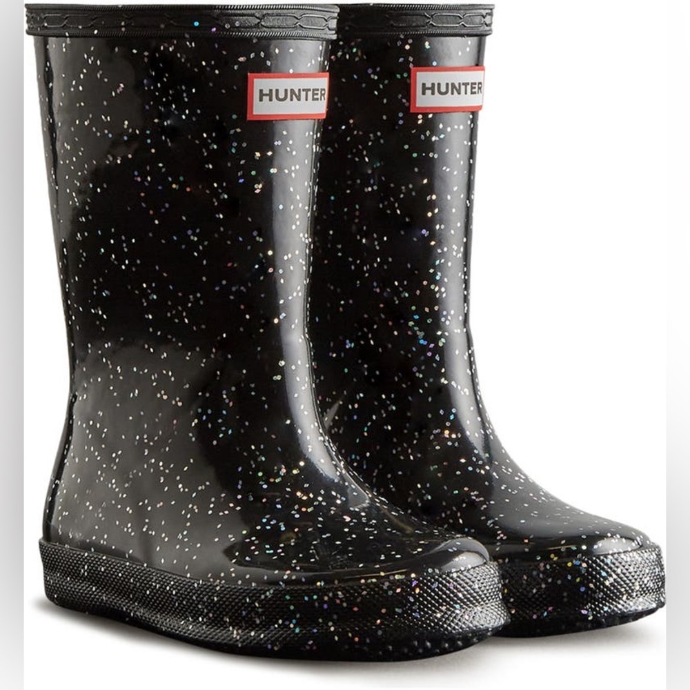 Hunter kids rain boot — black glitter size 10 girls